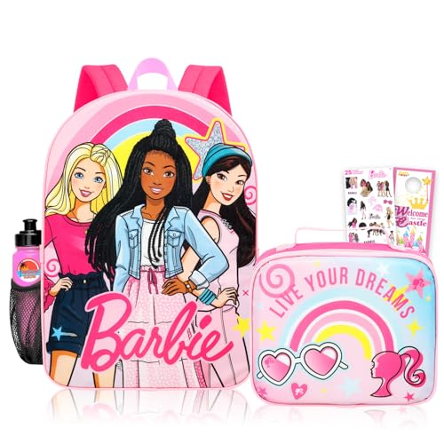 Barbie Conjunto de mochila com lancheira – Pacote com mochila de 41 cm, lancheira, adesivos, garrafa de água, mais | Conjunto de mochila escolar Barbie para meninas, crianças