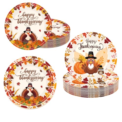 40 Pcs Happy Thanksgiving Plates - Turkey Paper Plates, Fall Leaves Turkey Give Thanks Plate, Disposable Thanks Giving Plate for Autumn Holiday Harvest Thanksgiving Party Supplies Decor Favors - image 1