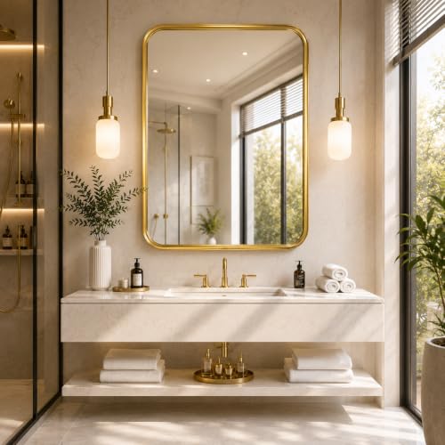 TAB Metal Framed Bathroom Mirror 24x18 Inch Rounded Corner Rectan...
