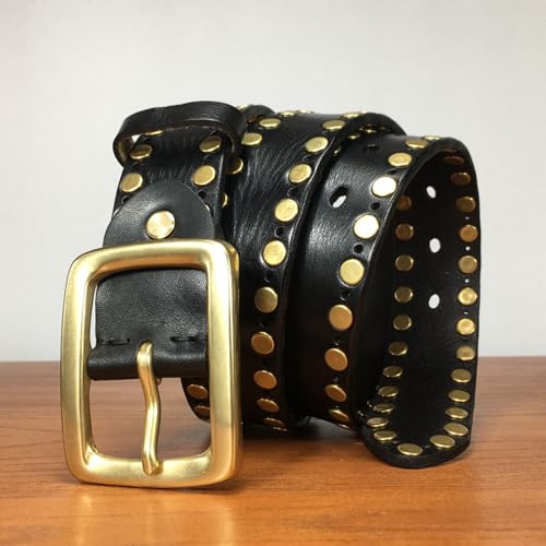 Mens Studded Belt, Punk Leather Casual Adjustable Rivet Cowhide Belt for Men with Brass Metal Pin Buckle,Black,120CM/47.3''2