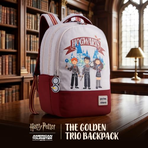 Image of Harry Potter x American Tourister Hogwart Illustration Backpack | 33L School Bag for Girl and Boy | Multiple Compartment |AT Playunique - Harry's Specks Charm Puller | Beige | 1 Year Global Warranty