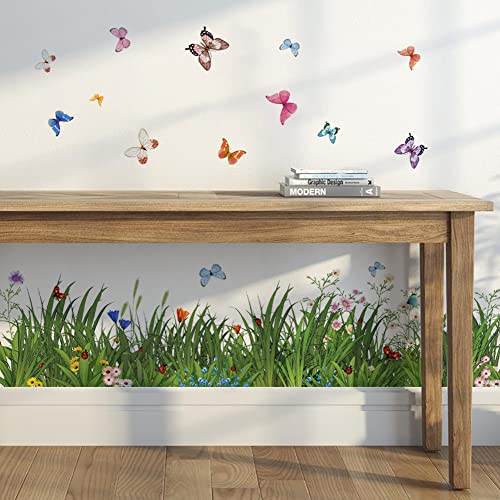 Runtoo Green Grass Wall Corner Stickers Flowers Butterfly Baseboard Skirting Line Wall Decals Window Clings Bedroom Living Room Kitchen Decor (W:59 inches) - Image 2