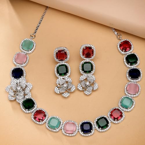 Image of ZENEME Jewellery Set Classic Style Rhodium Plated AD /American Diamond Studded Silver Plated Bejeweled Rose Necklace Jewellery Set for Women & Girls