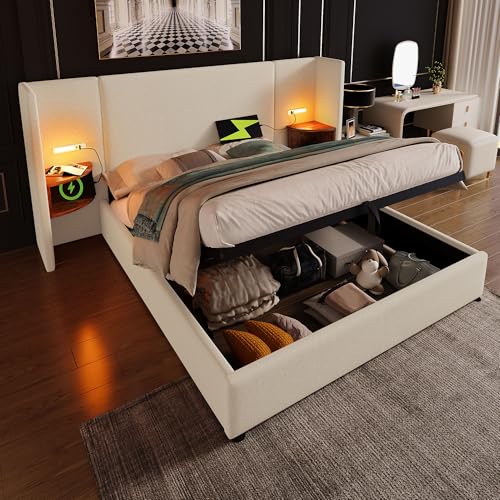 MURUL Cama tapizada de cama doble con mesita de noche, lámpara de lectura y función de carga USB Type-C, de lino, con somier de láminas de madera maciza y metal (beis, 180 x 200 cm)