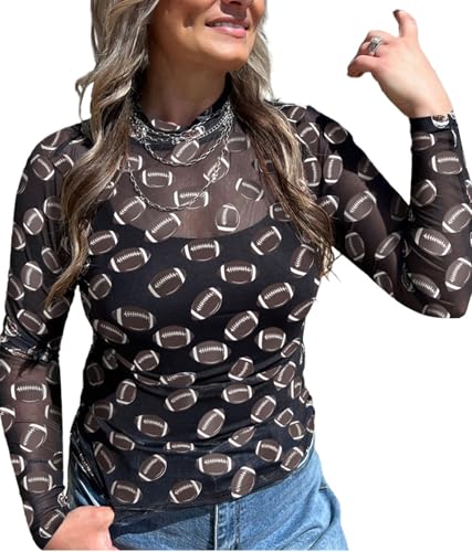 Long Sleeve Mesh Top Women Bodycon Sheer Mock Neck Game Day Shirt Sexy See Through Football Graphic Tees for Teens