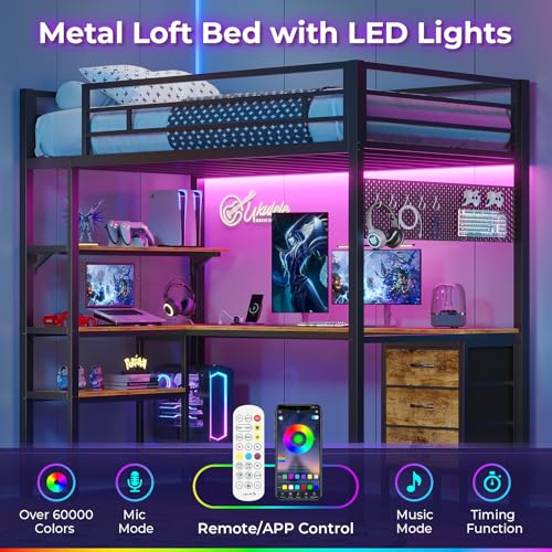 ADORNEVE Loft Bed Twin Size with L-Shaped Desk, LED Lights,Charging Station,Twin Metal Loft Bed with Desk, Fabric Drawers & Shelves, 13.4" H Safety Guard, No Box Spring Needed, Vintage Brown & Black