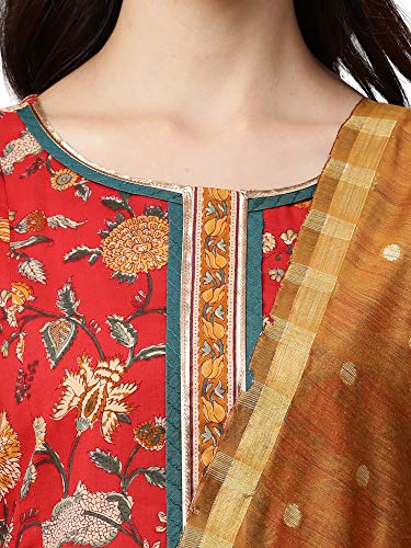 Image of INDO ERA Women's Pure Cotton Printed Straight Kurta with Pant & Dupatta Set (Red IE17KD0RD1869)