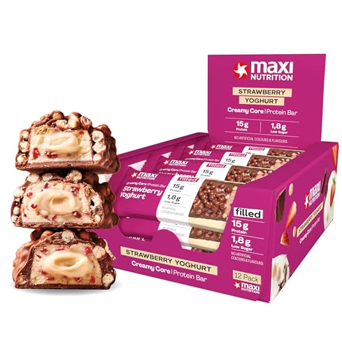 MaxiNutrition Creamy Core Bar Strawberry Yoghurt, 12x45g Protein-Riegel, 34% Eiweiß, 15g je Riegel, low Sugar (1,8g), ohne Zuckerzusatz, ohne künstliche Aromen