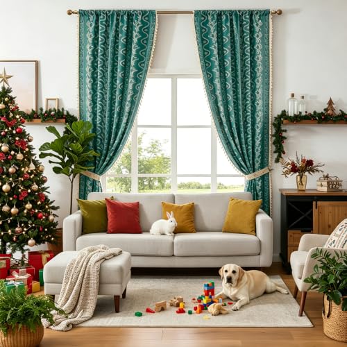 Image of Boho Curtains 72 Inch Long for Living Room, Bedroom, 2 Panels Floral Farmhouse Vintage Tassel Semi Sheer Light Filtering Privacy Window Curtain Drapes with Rod Pocket