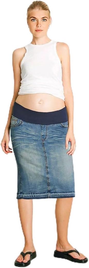 Women's Denim Maternity Midi Skirt with Lycra Rib Elastic Waistband, Knee Length, Vintage Wash