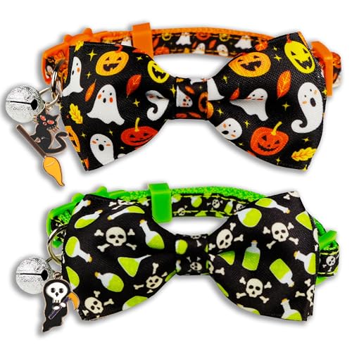 2 Pack Halloween Cat Collar with Bell, Holiday Kitty Kitten Skull and White Ghost Patterns for Boys Girls Males Female Cats