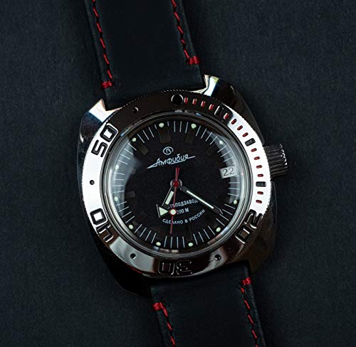 Image of Barton Quick Release Leather Black Buckle Watch Band Strap - Choose Color - 16mm, 18mm, 20mm, 22mm or 24mm - Black /Red Stitching 24mm