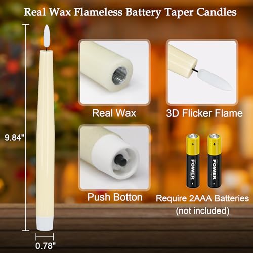Image of Real Wax Flameless Taper Candles, LED Taper Candles Battery Operated with Rmote, Ivory Flameless Battery Candlesticks with 3D Flame for Spring Wedding Home Decor(0.78 inchx9.84 inch)