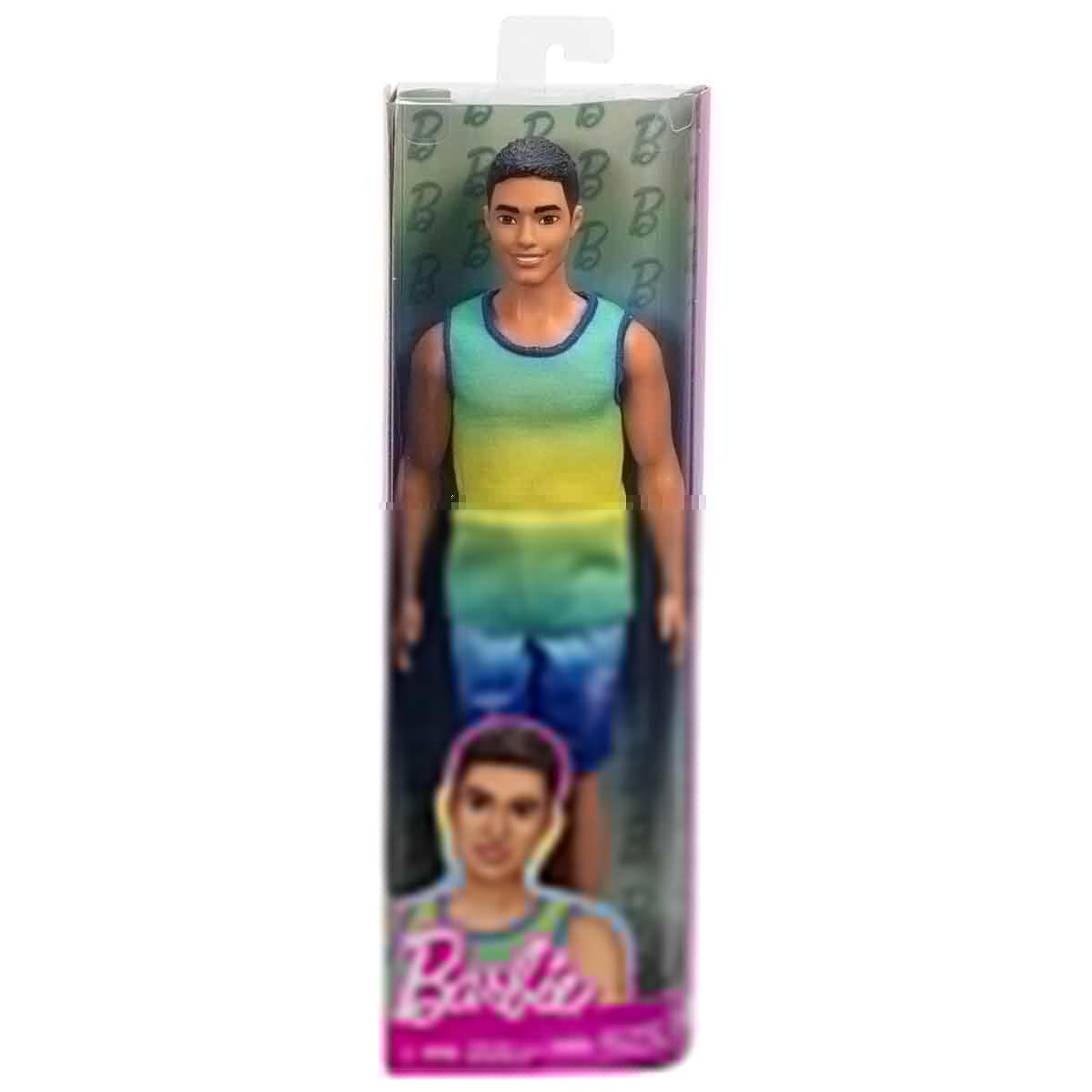 Barbie Fashionistas Ken Lalka #236 z czarnymi włosami, w niebiesko-zielonej koszulce z efektem ombre, dżinsowych szortach i srebrnych bucikach sportowych, HYV00
