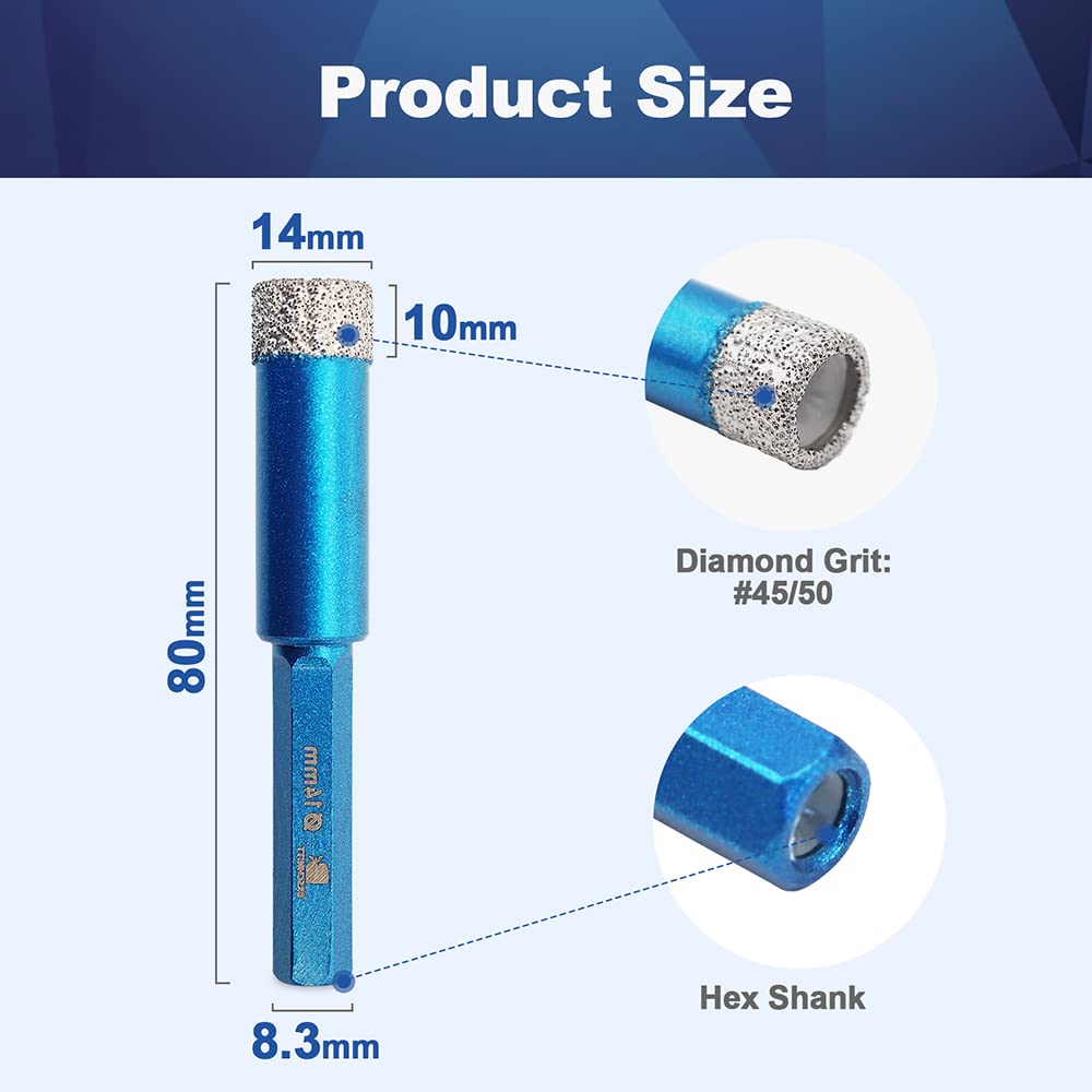 Dry Diamond Drill Bit Set,BRSCHNITT 5pcs 3/5 Inch (14mm) Diamond Hole Saw Core Drill Bit for Porcelain Tile Ceramic Stone Granite Marble,Hex Shank Dry Drilling Diamond Core Drill Bit Kit