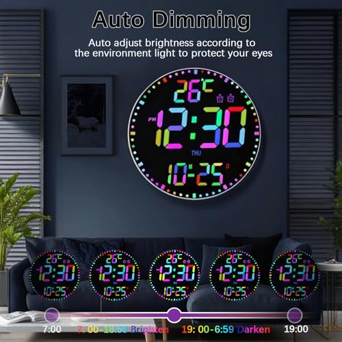 Horloge murale numérique LED 30,5 cm télécommande minuteur date température RVB