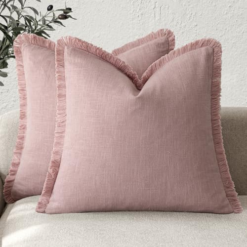 Image of Foindtower Set of 2 Decorative Linen Fringe Throw Pillow Covers Cozy Boho Farmhouse Cushion Cover with Tassels Soft Accent Pillowcase for Couch Sofa Bed Living Room Home Decor,24x24 Inch,Rose Pink