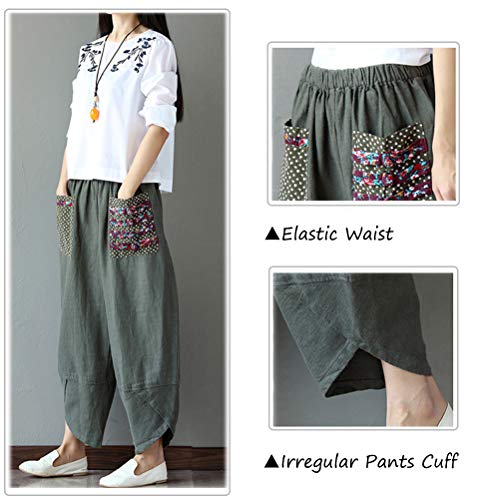 FTCayanz Women's Linen Wide Leg Pants Baggy Tapered Cropped Pants Elastic Waist Trousers4