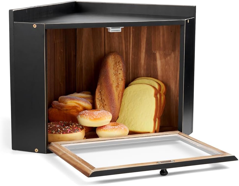 Extra Large Black Wooden Corner Bread Box for Kitchen