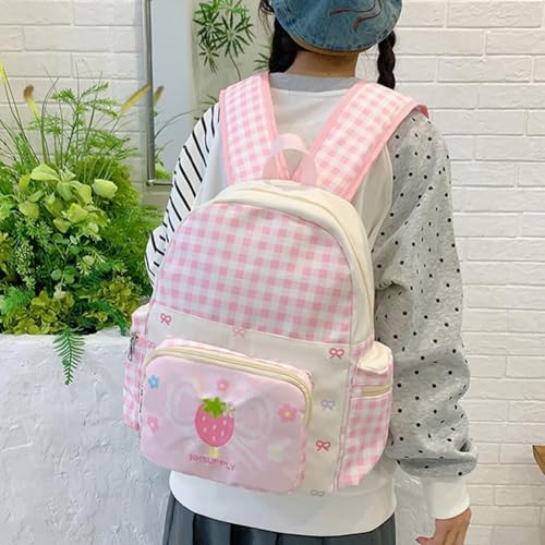 Sac à dos à carreaux fraise pour l'école et les sorties en ville