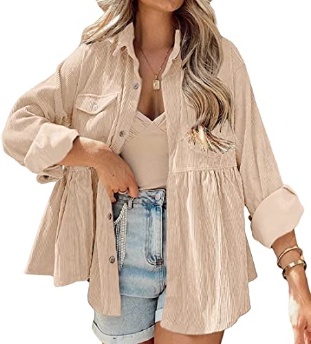 Womens Corduroy Peplum Shirts Tops Cute Long Sleeve Button Down Blouses with Pockets