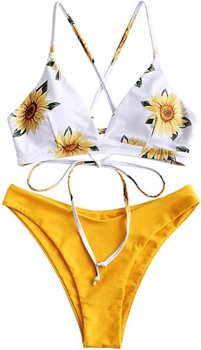 Miniatura 5 de ZAFUL Conjunto de bikini triangular sexy para mujer, estampado floral, tirantes delgados, traje de baño de 2 piezas entrecruzado de corte alto