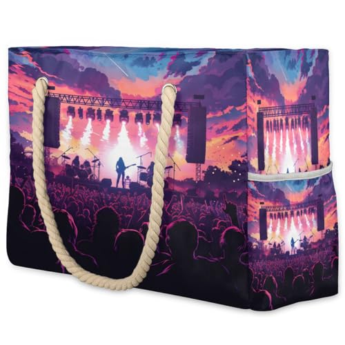 Happy Music Festival Large Beach Bag Waterproof Beach Bag for Women Oversized Sandproof Beach Tote Bag with Zipper for Gym Travel Daily Pool Bag Big Tote