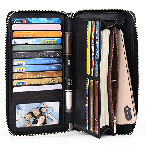 Uto Women Wallet Large Leather 2 Pcs Zip Pouch Card Holder Checkbook Passport Organizer Ladies Travel Clutch With Wristlet Black #TOP3