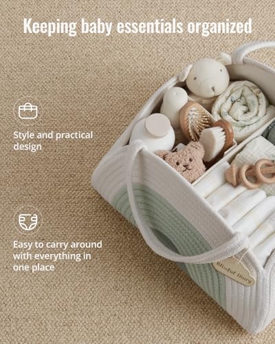 Image of Blissful Diary Baby Diaper Caddy Organizer, Cotton Rope Diaper Caddy Basket, Large Storage Basket for Newborn Boys and Girls, Gift for Baby Shower List, Newborn Essentials, Mint Rainbow