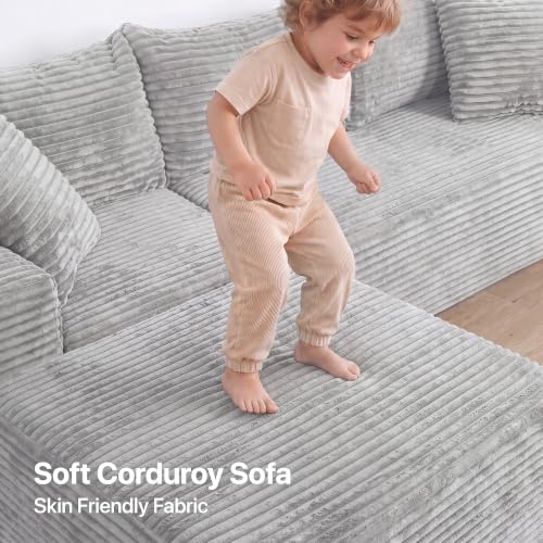 Image of Claiks 94 inch Boneless Couch, L-Shape Corduroy Modular Sectional Sofa Deep Seat,No Assembly Required, Light Grey