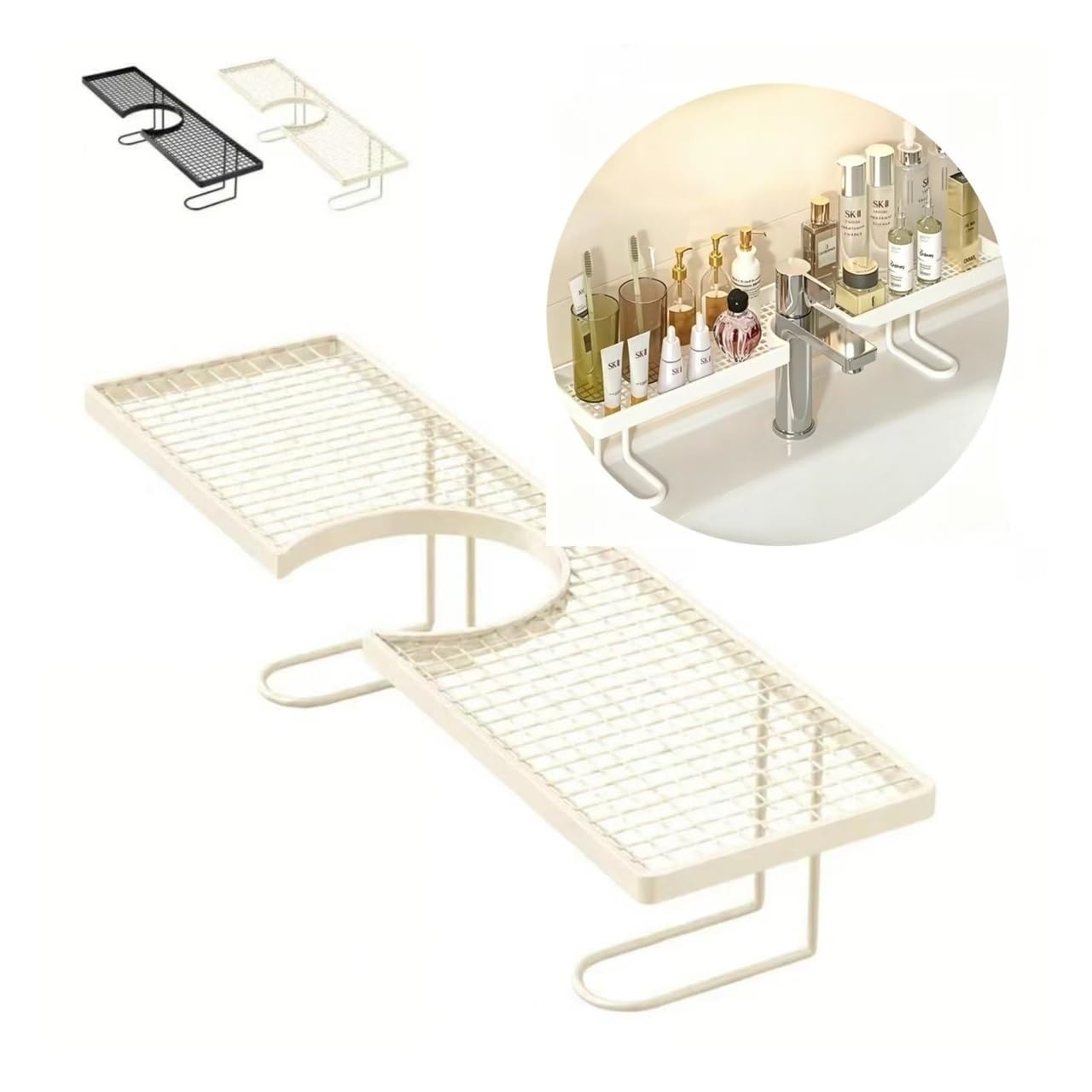HONGBA Over Faucet Sink Storage Rack, No Drill Hollow Metal Bathroom Counter Organizer, U-Shaped Cutout Shelf for Kitchen Vanity(White)