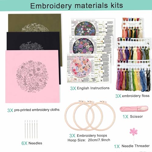 Image of REEWISLY S162+164+165 3pcs Embroidery Starter kit with Patterns and Instructions, DIY Adult Cross Stitch Kits Beginner, Including 3 Plastic Embroidery Rings, 1 Scissors, Colored Threads and Needles