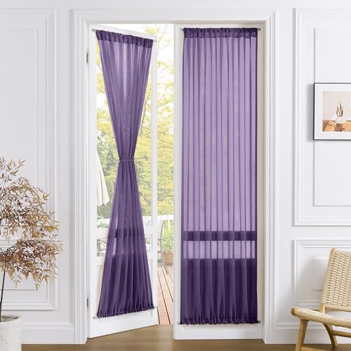 Tollpiz Rideau en voile pour porte de placard en lin texturé - Rideau léger filtrant pour porte française avec passe-tringle - Rideau pour terrasse en verre, 63,5 x...