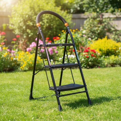Image of FLIPZON Foldable Step Ladder, Advanced Locking System, Ribbed Steps, Knee Guard, Non-Marring PVC Shoes, 3 Steps
