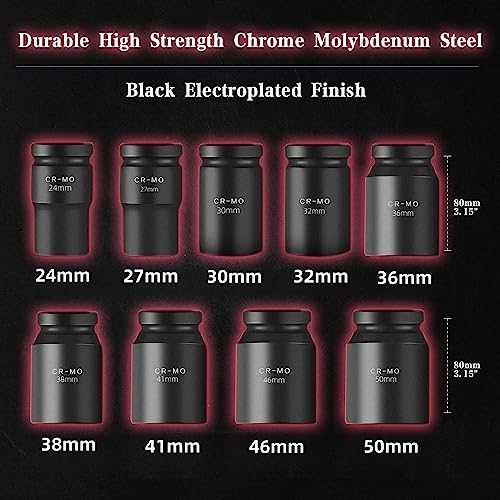 Image of TONYNOL 1 inch Inch Drive Deep Impact Socket Set,9 Pieces,6-Point,Metric Sizes(24mm,27mm,30mm,32mm,36mm,38mm,41mm,46mm,50mm),Cr-Mo Steel