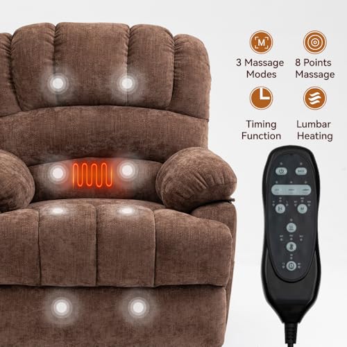 Image of Extra Large Power Lift Recliner Chair with Massage, Lumbar Heat, and USB Charging - Ideal for Enhanced Comfort and Mobility (42 x) (Brown + Chenille + Fiber Foam and Polyester Fiber Pad)