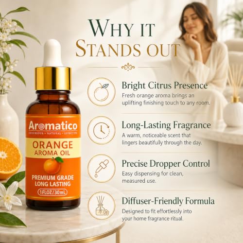 Image of AROMATICO Orange Diffuser Oil for Long-Lasting Fragrance. Premium Aroma Oil for Aromatherapy, Meditation & Concentration. Versatile Use in Diffusers, Air Fresheners - 30ml