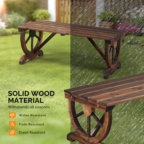 Image of VINGLI Rustic Wooden Wheel Bench Outdoor Bench, Patio Bench Wagon Slatted Seat, Garden Benches for Outdoors 350lbs High Capacity, Weather Resistance (Rustic, 38in)