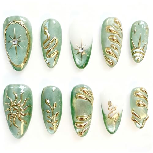 30Pcs Green Press on Nails Medium Almond French Tip Fake Nails 3D Rhinestone Metallic Designs Gold Star Sun False Nails Luxury Glitter Full Cover Snake Leaf Glossy Artificial Acrylic Nails for Women