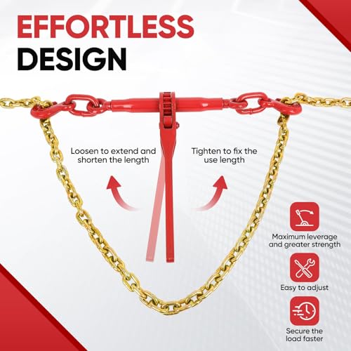 Image of G80 5 /16 inch x 10FT Chain and Binder Set, 2 Pack Heavy Duty Ratchet Chain Binder 5 /16 inch-3 /8 inch with 5400LBS WLL & 19000LBS Break Strength, Complete Chains and Binders for Truck Trailer Flatbed Cargo Tie