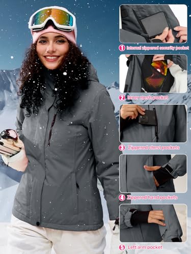 FREE SOLDIER Damen Winterjacke Wasserdicht Atmungsaktiv Warme Fleece Gefütterte Ski Jacke Outdoor Winterregenjacke mit Kapuze und Vollständig Versiegelte Nähte (Grau,S)