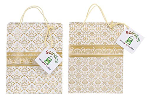 Image of SAINIK'S - ACCESS TO QUALITY Golden Pyramid Design Paper Bags For Return Gift, Small Presents, Weddings, Birthday, Holiday Presents Design May Slightly Change (20.32 X 7.62 X 27.94 Cm, Pack Of 20)