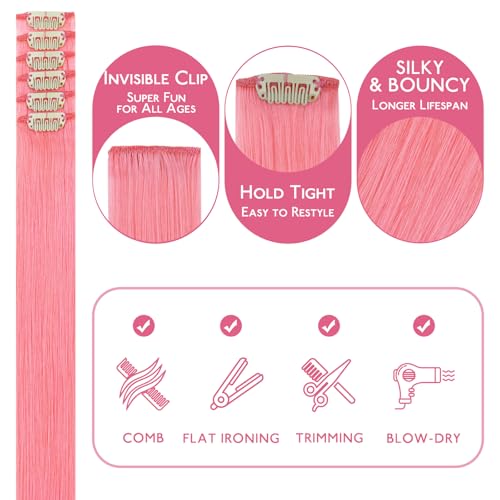 Image of WENNALIFE Peach Pink Clip in Hair Extensions Real Human Hair 35g 6pcs 16 Inch Colored Hair Extensions for Kids Women Colorful Hair Pieces Pop-up Style Straight Extensiones De Cabello Humano Con Clip