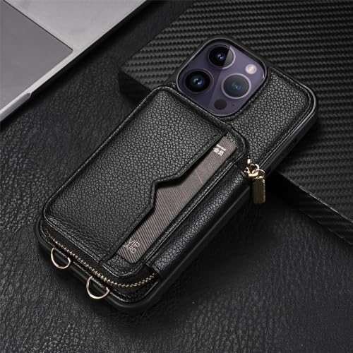 Miroir portefeuille avec chaîne en métal et lanière en cuir pour iPhone 14 Pro - 3