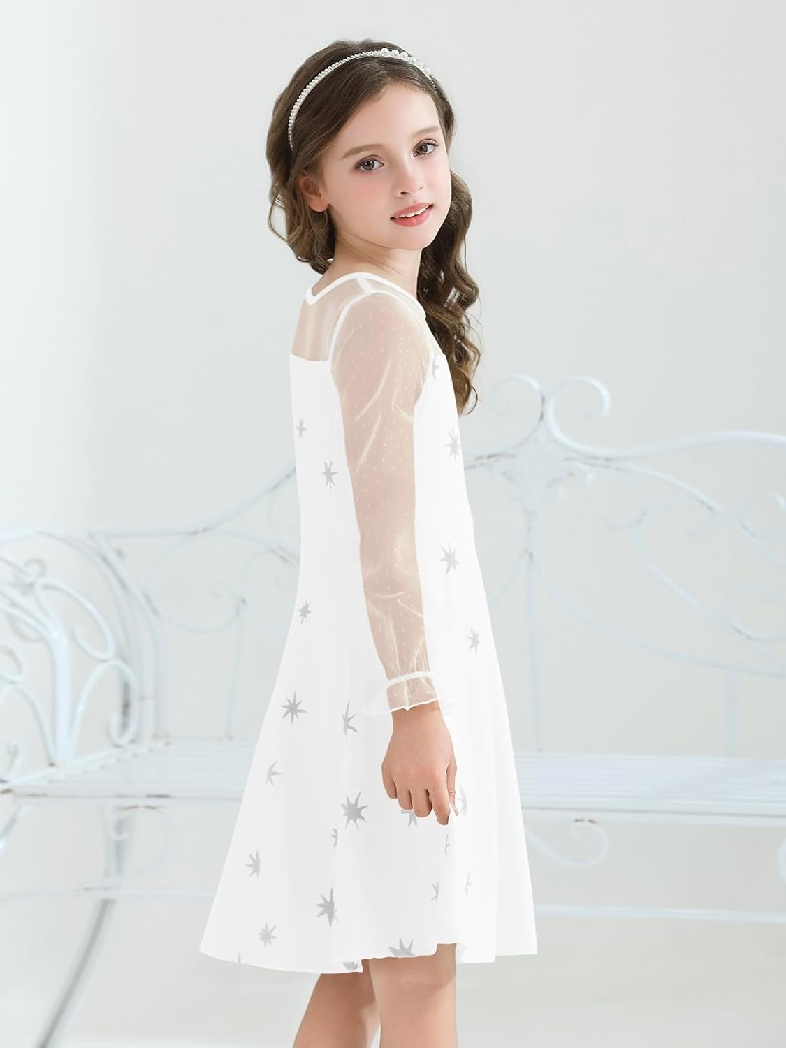 Haloumoning Girls Contrast Mesh Long Sleeve High Waist A Line Short Dress with Pockets 4-14 Years - Image 6