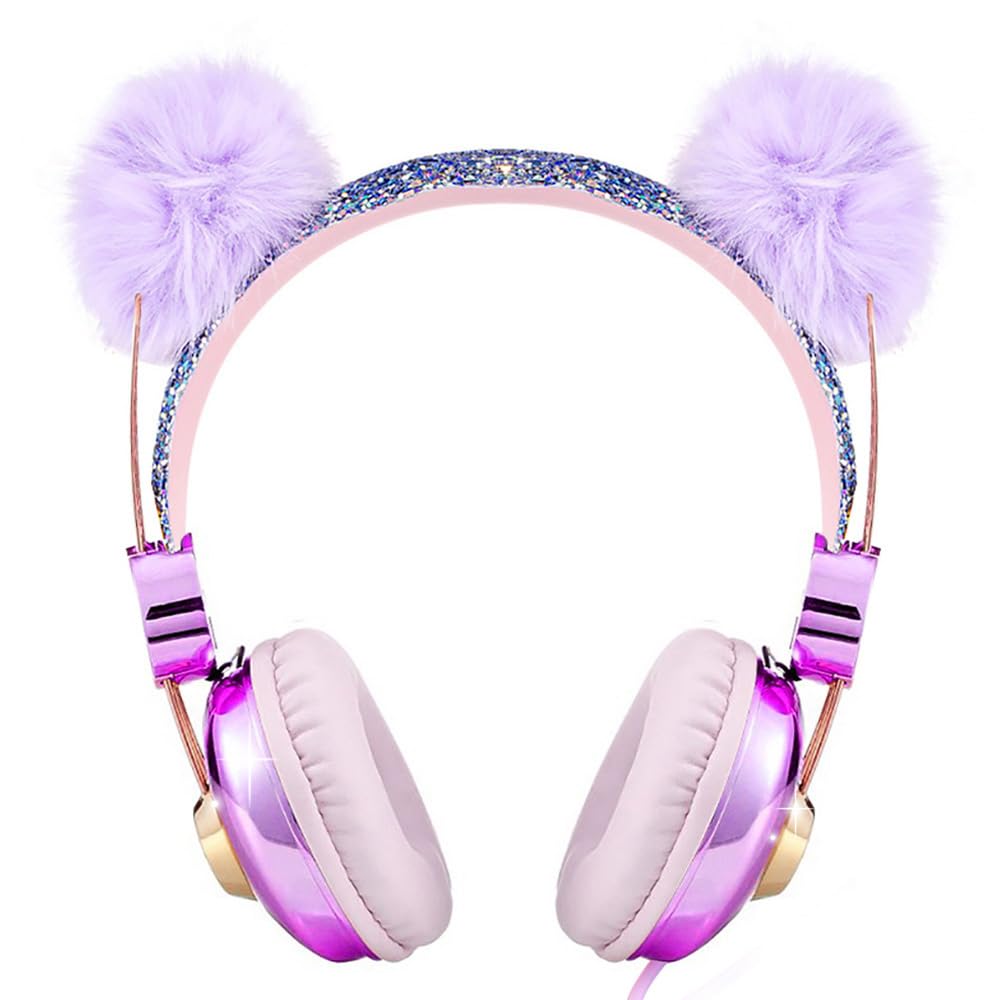 CHTON Cuffie per bambini per ragazze, graziose cuffie a forma di orso, con microfono, jack da 3,5 mm, per scuola/viaggio/iPad/tablet (viola)