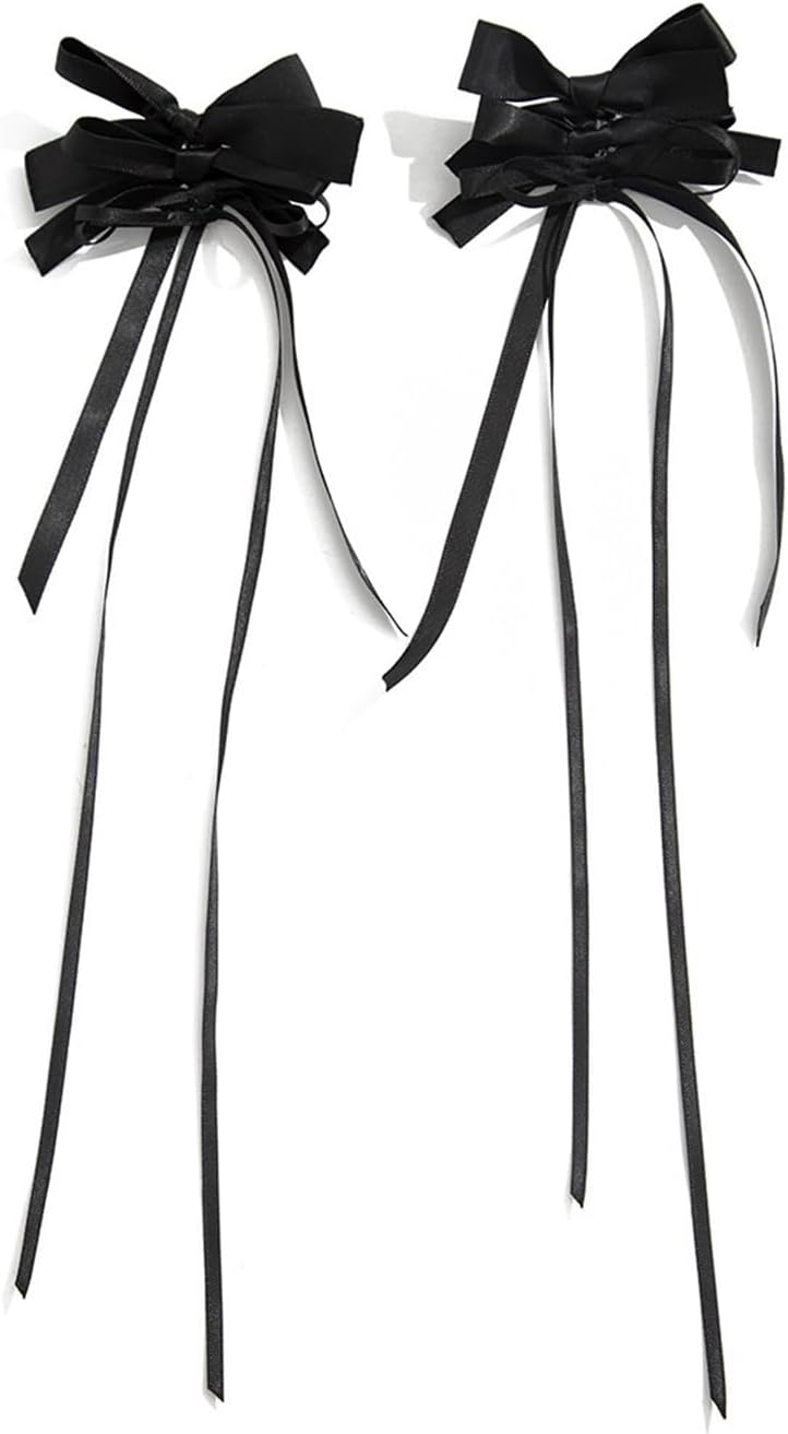 Black Ribbon Bow Dangle Earrings for Women,Super Long Fabric Linear Bowknot Earrings,Cute Bow Tie Clear Square Dangling Earrings Coquette Jewelry - Image 7