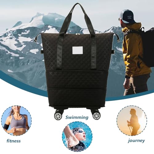 Rolling Duffle Bag with Wheels and Handle, Expandable Foldable Luggage Bag, Dry and Wet Separation Rolling Bag, Zipper Travel Carry on Bag for Gym,Camping,Travel Black Clothing.4