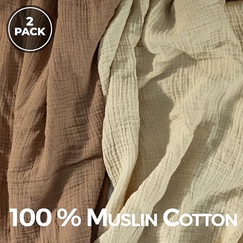 Image of Dreamology Brown Swaddle Blanket,100% Cotton Muslin Swaddle Blankets,2 Pack,Receiving Blanket for Baby Boy & Girl,Soft,Breathable Swaddle Blanket,Large 44 x 44 inch Cotton Blanket | Brown,Acru