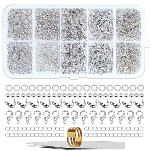SOSMAR 902 Stück Armband Verschluss Quetschperlen Schmuckherstellung Set Karabinerverschlüsse Biegeringe Quetschperlen Quetschkalotten Kettenverlängerung (Silber), mit Pinzette Ösenöffner